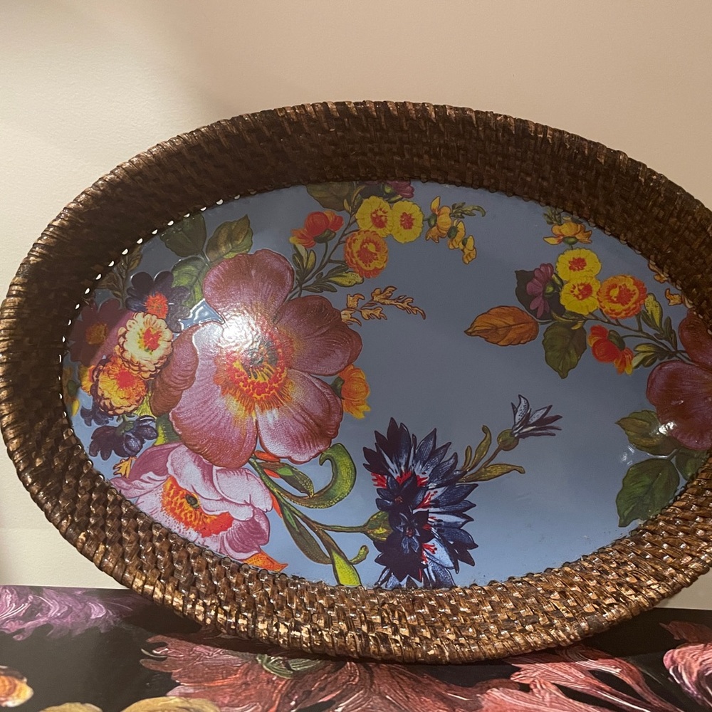 Mackenzie-Childs Blue Flower Market Rattan Tray